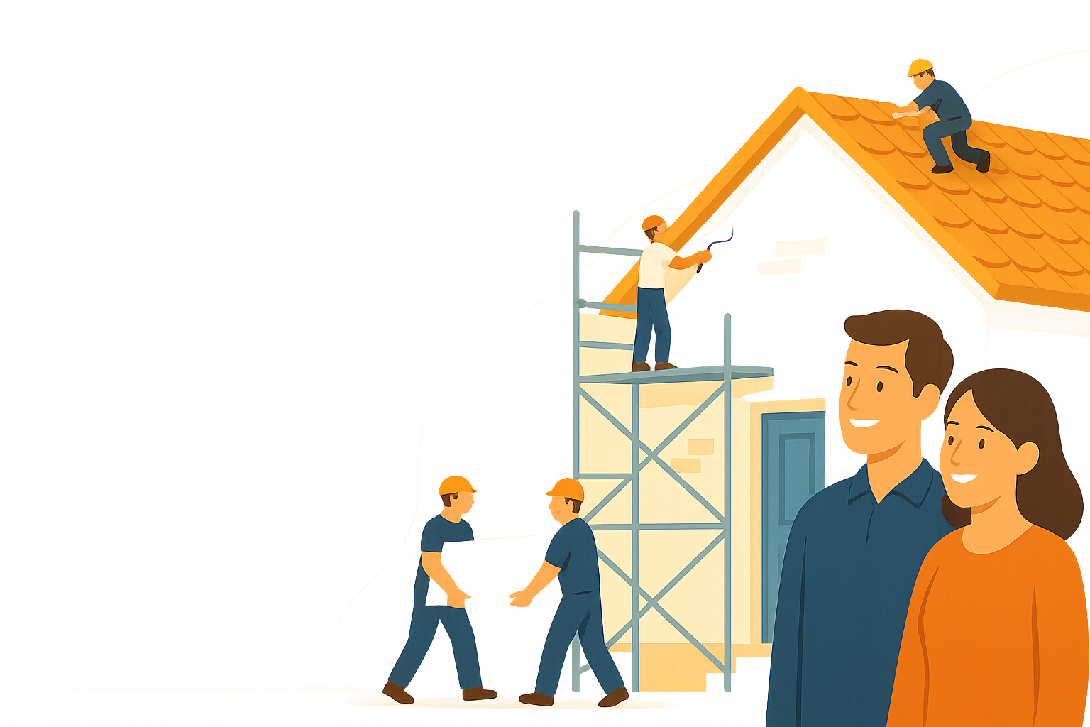 Fassade wird gestrichen; zwei Handwerker tragen Gipskarton; auf dem Dach wird gearbeitet; Paar schaut zufrieden zu.