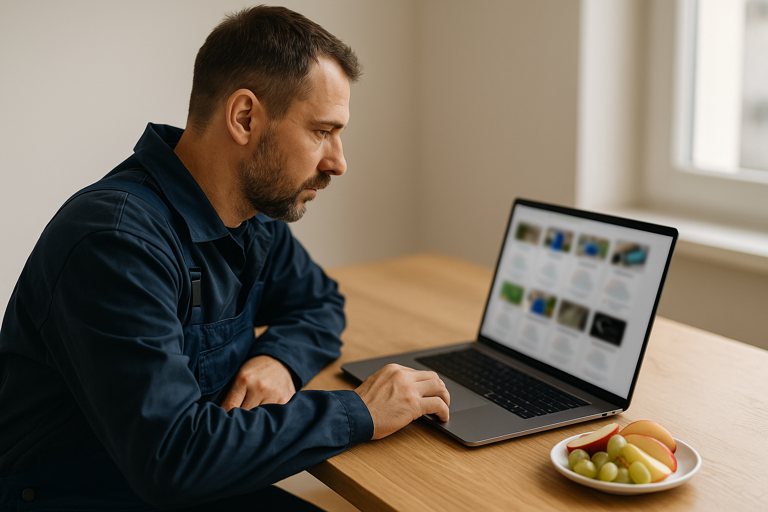 Handwerkerin in Arbeitskleidung sitzt am Schreibtisch und prüft Aufträge auf dem Laptop